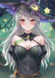 Rule 34 | 1girl, absurdres, arms behind back, bare shoulders, black dress, blush, breasts, cleavage, corrin (female) (fire emblem), corrin (fire emblem), crescent, crescent hair ornament, crescent moon, dress, earrings, facing viewer, fire emblem, hair ornament, halloween, halloween costume, hat, hat ornament, highres, jewelry, long hair, looking at viewer, medium breasts, moon, nintendo, pointy ears, red eyes, shizukugu03, smile, solo, star (symbol), star hat ornament, white hair, witch, witch hat