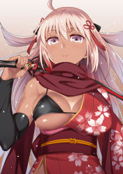 Rule 34 | 1girl, ahoge, alternate costume, bare shoulders, bikini, black bikini, blonde hair, breasts, cleavage, closed mouth, commentary request, dark-skinned female, dark skin, detached sleeves, fate/grand order, fate (series), floral print, gradient background, hair ribbon, hand up, holding, holding sword, holding weapon, japanese clothes, kimono, large breasts, long hair, long sleeves, looking at viewer, obi, off shoulder, okita souji (fate), okita souji alter (fate), ono misao, open clothes, open kimono, purple eyes, purple scarf, red kimono, ribbon, sash, scarf, skindentation, smile, solo, string bikini, swimsuit, sword, tassel, upper body, weapon, yukata