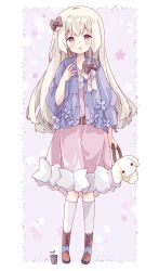 Rule 34 | 1girl, absurdres, animal bag, bag, black bow, blue flower, blue jacket, blush, boots, bow, brown eyes, brown footwear, commentary, dress, floral background, flower, full body, hair bow, hand up, highres, holding, holding bag, jacket, kneehighs, light brown hair, long hair, long sleeves, open clothes, open jacket, original, pink dress, plant, potted plant, puffy long sleeves, puffy sleeves, purple background, sapling, socks, solo, standing, symbol-only commentary, tsukiyo (skymint), very long hair, white socks