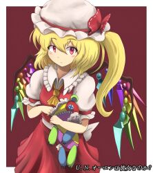 Rule 34 | 1girl, absurdres, ascot, back bow, blonde hair, blush stickers, border, bow, breasts, closed mouth, collared shirt, cowboy shot, crystal, flandre scarlet, frilled shirt collar, frills, gurina 15, hair between eyes, hat, hat ribbon, highres, holding, holding stuffed toy, long hair, looking at viewer, mob cap, multicolored wings, puffy short sleeves, puffy sleeves, red background, red eyes, red ribbon, red skirt, red vest, ribbon, shirt, short sleeves, simple background, skirt, sleeve ribbon, small breasts, solo, stuffed toy, touhou, vest, white border, white bow, white hat, white shirt, wings, yellow ascot