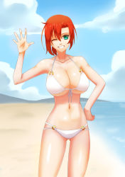 Rule 34 | 1girl, :d, absurdres, beach, bikini, boudica (fate), boudica (shining goddess) (fate), breasts, cleavage, day, der zweite, fate/grand order, fate (series), front-tie bikini top, front-tie top, green eyes, hair between eyes, highres, huge breasts, looking at viewer, o-ring, o-ring bikini, ocean, one eye closed, open mouth, red hair, short hair, smile, solo, swimsuit, waving, white bikini