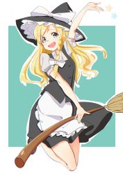 Rule 34 | 1girl, absurdres, apron, arm up, black dress, black footwear, blonde hair, blue eyes, bow, braid, broom, chromatic aberration, dress, dress shirt, eyebrows, hair ribbon, hat, hat bow, highres, holding, holding broom, kirisame marisa, legs up, liangsos, long hair, open mouth, puffy short sleeves, puffy sleeves, ribbon, shirt, shoes, short sleeves, skirt, skirt set, smile, solo, star (symbol), teeth, touhou, tress ribbon, vest, waist apron, white bow, white shirt, witch, witch hat