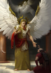 Rule 34 | 2boys, absurdres, angel, angel wings, bald, barefoot, blonde eyebrows, blonde hair, blood angels, blue eyes, brick wall, carrying, carrying person, chain, cleft chin, column, falling feathers, feathers, from side, gold chain, head back, highres, kneeling, laurel crown, leopard pelt, long hair, looking at another, looking down, looking up, male focus, multiple boys, official art, ornate clothes, ornate robes, oruam, outdoors, pelt, photoshop (medium), pillar, primarch, purity seal, reaching towards another, red rope, robe, rope, sanguinius, skull, smile, snow leopard, spread wings, standing, statue, symbolism, warhammer 40k, white wings, wing armor, wings, yellow robe