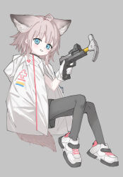Rule 34 | 1girl, ahoge, animal ears, arknights, black collar, black pantyhose, black skirt, blue eyes, blush, chinese commentary, coat, coat on shoulders, collar, commentary request, ears down, from side, full body, gloves, grey background, grey hair, grin, gun, hammer, hand up, highres, holding, holding gun, holding weapon, hood, hood down, hooded jacket, invisible chair, jacket, looking at viewer, looking to the side, lurenjia, open clothes, open jacket, pantyhose, raised eyebrows, shoes, short hair, simple background, sitting, skirt, smile, sneakers, solo, sussurro (arknights), weapon, white gloves, white jacket