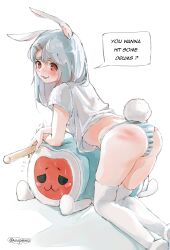 Rule 34 | 1girl, :3, absurdres, animal ears, ass, bent over, blue hair, blush stickers, crossed arms, dot nose, english text, hair ornament, hairclip, highres, leaning on object, light blue hair, long hair, original, panties, rabbit ears, rabbit girl, rabbit tail, red eyes, shirt, short sleeves, socks, speech bubble, striped clothes, striped panties, sweat, t-shirt, taiko no tatsujin, taiko sticks, tail, thick eyebrows, thighhighs, twitter username, underwear, white shirt, wwparasi