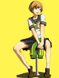Rule 34 | 1girl, atlus, bar stool, brown eyes, brown hair, clothes around waist, flat chest, full body, houndstooth, jacket, lipstick, loafers, looking away, makeup, necktie, orange hair, parted bangs, persona, persona 4, pleated skirt, satonaka chie, school uniform, sei15, serafuku, shadow, shoes, short hair, simple background, sitting, skirt, smile, socks, solo, spread legs, stool, striped, sweater, sweater around waist, tiptoes, tomboy, track jacket, white socks