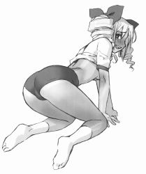 Rule 34 | 1girl, all fours, annie murakami, ass, blush, buruma, clothes lift, drill hair, female focus, gym uniform, highres, looking back, monochrome, open mouth, rage of the dragons, shirt lift, snk, socks, solo, twintails