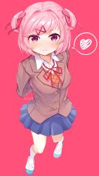 Rule 34 | 1girl, absurdres, arms behind back, artist name, blazer, blue footwear, blue skirt, blush, breasts, brown jacket, brown sweater vest, commentary, doki doki literature club, dress shirt, expressionless, foreshortening, from above, full body, hair intakes, hair ornament, hair ribbon, heart, highres, jacket, long sleeves, looking at viewer, looking up, natsuki (doki doki literature club), neck ribbon, perspective, pink background, pink hair, pleated skirt, purple eyes, red ribbon, ribbon, shirt, shoes, short hair, simple background, skirt, small breasts, socks, solo, speech bubble, spoken heart, sweater vest, swept bangs, terupu (eule312), twitter username, two side up, uwabaki, white footwear, white shirt, white socks, x hair ornament