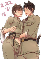 Rule 34 | 2boys, ahoge, animal ears, axis powers hetalia, blush, brown hair, cat boy, cat ears, cat tail, clothes lift, dog ears, dog tail, green eyes, male focus, multiple boys, navel, pochi (popcooooorn), shirt lift, simple background, smile, southern italy (hetalia), spain (hetalia), tail, white background, yaoi
