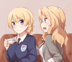 Rule 34 | 10s, 2girls, arm around shoulder, bad id, bad pixiv id, black necktie, blazer, blonde hair, blouse, blue eyes, blue sweater, braid, closed mouth, commentary request, couch, cup, darjeeling (girls und panzer), dress shirt, emblem, girls und panzer, grey jacket, highres, holding, jacket, kapatarou, kay (girls und panzer), long hair, long sleeves, looking at another, multiple girls, necktie, open clothes, open jacket, open mouth, saunders school uniform, school uniform, shirt, short hair, sitting, sleeves rolled up, smile, st. gloriana&#039;s (emblem), st. gloriana&#039;s school uniform, sweater, teacup, twin braids, v-neck, white shirt, yuri