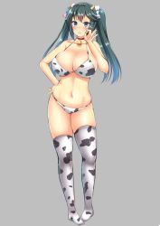 Rule 34 | 10s, 1girl, alternate costume, animal print, bad id, bad twitter id, bell, bikini, blue eyes, blue hair, blush, bra, breasts, choker, cleavage, collarbone, covered erect nipples, cow horns, cow print, cowbell, fellatio gesture, full body, grey background, horns, isuzu (kancolle), kantai collection, kisaragi nana, large breasts, long hair, looking at viewer, matching hair/eyes, navel, panties, print bikini, simple background, skindentation, smile, solo, swimsuit, thighhighs, twintails, underwear