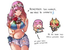 Rule 34 | 2girls, bikini, blonde hair, blue eyes, breasts, cleavage, closed mouth, coconut, conope, dated, drinking straw, earrings, english text, closed eyes, fire emblem, fire emblem heroes, flower, fruit cup, gradient hair, green hair, gunnthra (fire emblem), hair flower, hair ornament, head wreath, jewelry, laegjarn (fire emblem), large breasts, long hair, multicolored hair, multiple girls, navel, nintendo, open mouth, orange hair, pink hair, red eyes, sarong, short hair, simple background, swimsuit, white background