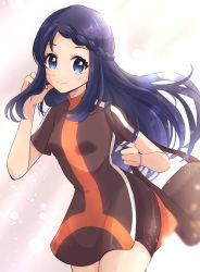 Rule 34 | 1girl, bag, black hair, blue eyes, blurry, blush, braid, breasts, brown bag, brown dress, closed mouth, commentary request, creatures (company), dawn (pokemon), dress, eyelashes, game freak, haru (haruxxe), highres, holding strap, long hair, nintendo, pokemon, pokemon bdsp, short sleeves, sidelocks, smile, solo