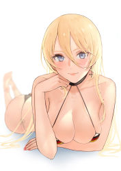 Rule 34 | 1girl, absurdres, azur lane, bare shoulders, barefoot, bikini, bismarck (azur lane), blonde hair, blue eyes, blush, breasts, butt crack, cl (summer sama), cleavage, closed mouth, collarbone, commission, cross, cross earrings, crossed arms, earrings, flag print, german flag bikini, hand on own chin, highres, jewelry, long hair, looking at viewer, lying, medium breasts, nail polish, on stomach, pink nails, pixiv commission, smile, soles, solo, swimsuit, white background