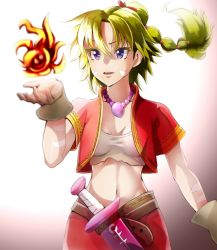 Rule 34 | 1boy, 1girl, bandages, blonde hair, blue eyes, breasts, chrono cross, cleavage, closed mouth, collarbone, facial mark, fire, frozen flame, gloves, high ponytail, jewelry, kid (chrono cross), kinpun (fgxdw447), knife, long hair, looking at viewer, medium breasts, midriff, multi-tied hair, navel, necklace, ponytail, simple background, skirt, smile, solo, stomach, vest, white background