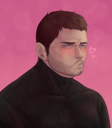 Rule 34 | 1boy, absurdres, artist name, bara, black hair, black shirt, blush, chris redfield, facial hair, heart, highres, male focus, muscular, muscular male, pink background, pout, pouty lips, resident evil, resident evil 6, sennrie, shirt, short hair, simple background, solo, upper body