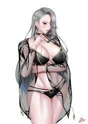 Rule 34 | 1girl, absurdres, arm under breasts, ass, asymmetrical hair, bikini, black bikini, black choker, blush, bracelet, breasts, brown eyes, carmilla (fate), carmilla (fate) (cosplay), carmilla (swimsuit rider) (fate), carmilla (swimsuit rider) (third ascension) (fate), chain, choker, collarbone, cosplay, eyewear in mouth, fate/grand order, fate (series), glasses, gold chain, grey hair, hair ornament, hairclip, highres, jewelry, large breasts, long hair, mouth hold, navel, niijima sae, o-ring, o-ring bikini, persona, persona 5, see-through, signature, simple background, solo, stomach, sunglasses, swept bangs, swimsuit, thighs, white background, zinfian
