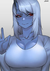 Rule 34 | 1girl, blue oni, blue shirt, blue skin, blue theme, breasts, cleavage, closed mouth, colored skin, commentary, eyeshadow, grey background, grey hair, hand up, horns, kimiko (zakusi), large breasts, long hair, makeup, oni, oni horns, original, red eyes, shirt, signature, simple background, single horn, smile, solo, symbol-only commentary, zakusi