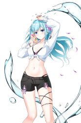 Rule 34 | 1girl, aqua hair, arm up, bikini, black bikini, black shorts, blue eyes, bottle, breasts, cleavage, closed mouth, closers, collarbone, collared shirt, crop top, feet out of frame, flower, frilled bikini, frills, front-tie top, frown, hair flower, hair ornament, halterneck, hand up, highres, holding, holding bottle, long hair, long sleeves, looking at viewer, medium breasts, midriff, nail polish, navel, non-web source, official art, shirt, short shorts, shorts, solo, stomach, string bikini, swimsuit, thigh strap, thighs, violet (closers), water, wet, white shirt