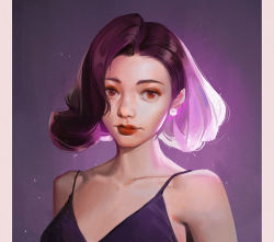 Rule 34 | 1girl, collarbone, commentary, dress, earrings, jewelry, lips, lipstick, looking at viewer, makeup, nose, original, pearl earrings, pillarboxed, purple background, purple dress, purple hair, red eyes, red lips, roogi tz, sleeveless, sleeveless dress, solo, upper body