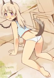 Rule 34 | 1girl, all fours, animal ears, bad id, bad pixiv id, blonde hair, chain, eila ilmatar juutilainen, glastonbury1966, leash, long hair, looking at viewer, looking back, open mouth, panties, pet play, purple eyes, strike witches, tail, underwear, white panties, world witches series