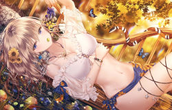 Rule 34 | 1girl, absurdres, blonde hair, blouse, blue skirt, blush, bracelet, breasts, bug, butterfly, collarbone, cropped blouse, dutch angle, earrings, flower, food, fruit, grapes, hair flower, hair ornament, highres, holding, holding food, holding fruit, insect, jewelry, junpaku karen, large breasts, long hair, looking at viewer, lying, mouth hold, navel, necklace, on back, original, purple eyes, see-through, shirt, sidelocks, skirt, snake, solo, stomach, thighlet, thighs, white shirt