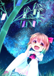 Rule 34 | 1girl, ascot, bamboo, blonde hair, blush, fang, grass, hair ribbon, highres, open mouth, panties, red eyes, ribbon, rumia, short hair, sitting, sky, solo, star (sky), starry sky, striped clothes, striped panties, tanabata, tanzaku, thighhighs, tomo takino, touhou, underwear, white thighhighs