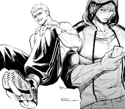 Rule 34 | 1boy, absurdres, baggy pants, bara, biceps, black eyes, cellphone, denim, greyscale, hand on own knee, highres, hood, hooded jacket, jacket, jeans, kengan (series), kengan ashura, kengan omega, kure raian, kyowo sukkesuke, large pectorals, looking at viewer, male focus, manly, mature male, monochrome, muscular, muscular male, pants, pectorals, phone, shirt, shoes, short hair, signature, simple background, sitting, smirk, snickers (brand), solo, spiked hair, t-shirt, tank top, teeth, thick arms, tight clothes, veins, veiny arms, white background