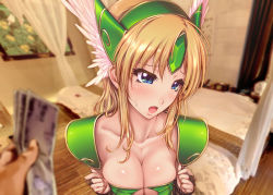 Rule 34 | 144 (riesztan), 1girl, blonde hair, blue eyes, blush, breasts, cleavage, gloves, helmet, holding, holding money, large breasts, long hair, low-tied long hair, money, out of frame, pov, pov hands, riesz, seiken densetsu, seiken densetsu 3, solo focus, very long hair, winged helmet