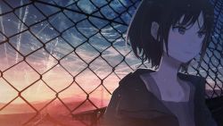 Rule 34 | 1girl, absurdres, against fence, banishment, black hair, black jacket, blue eyes, blue sky, building, chain-link fence, closed mouth, cloud, commentary request, contrail, dress, expressionless, eyes visible through hair, fence, film grain, highres, hill, huge filesize, jacket, looking away, open clothes, open jacket, original, outdoors, power lines, purple dress, scenery, short hair, sky, solo, sunset, transmission tower, upper body, wallpaper