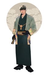 Rule 34 | 1boy, absurdres, black eyes, facial hair, floral background, floral print, gloves, green hair, hakama, hand fan, hand on own hip, highres, japanese clothes, kimono, looking to the side, male focus, mature male, messy hair, original, sandals, scar, scar on face, socks, solo, stubble, yanm0ri, yukata