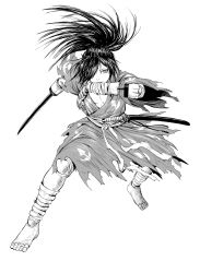 Rule 34 | 1boy, arm blade, barefoot, doll joints, dororo (tezuka), fighting stance, full body, greyscale, hair over one eye, highres, hyakkimaru (dororo), japanese clothes, joints, kimono, long hair, making-of available, male focus, monochrome, one eye covered, ponytail, sash, simple background, solo, torn clothes, weapon, white background, y naf