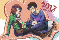 Rule 34 | 1boy, 1girl, 2017, arm at side, artist name, black eyes, black pantyhose, brown footwear, brown hair, chara (undertale), character request, frisk (undertale), full body, green shirt, holding, holding toy, long sleeves, looking at viewer, pantyhose, purple stripe, red eyes, ribbon trim, shirt, shoes, short hair, shousan (hno3syo), sitting, sneakers, striped clothes, striped shirt, stuffed animal, stuffed toy, toy, undertale, yellow stripe