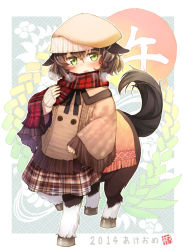 Rule 34 | 10s, 1girl, 2014, animal ears, blush, brown hair, centaur, green eyes, hat, horse ears, kito (sorahate), looking at viewer, monster girl, new year, open mouth, original, plaid, plaid scarf, red scarf, scarf, short hair, solo, tail, taur