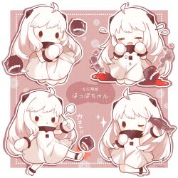 Rule 34 | 1girl, abyssal ship, ahoge, artist name, blush stickers, closed eyes, closed mouth, colored skin, crying, dress, enemy aircraft (kancolle), highres, horns, kantai collection, long hair, mittens, multiple views, nada namie, northern ocean princess, one eye closed, open mouth, red eyes, signature, sparkle, white dress, white hair, white mittens, white skin