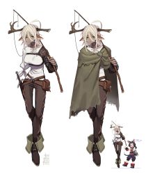 Rule 34 | 2girls, absurdres, amputee, animal ears, antlers, belt, belt pouch, boots, broken antler, character sheet, cloak, commentary, cross-laced clothes, dark-skinned female, dark skin, deer antlers, deer ears, english commentary, fantasy, fishing rod, full body, green eyes, height difference, highres, hook, horns, hunched over, multiple girls, original, parted lips, platinum blonde hair, pouch, scar, shirt, signature, sword, tall female, tostantan, weapon, white background, white shirt