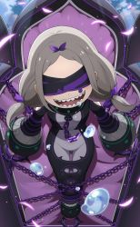 Rule 34 | 1girl, bdsm, black blindfold, blindfold, bodysuit, bow, chain, daphne (re:zero), grey bodysuit, grey hair, hair bow, highres, long hair, low twintails, official art, open mouth, outdoors, parted bangs, petals, purple bow, re:zero kara hajimeru isekai seikatsu, restrained, teeth, twintails
