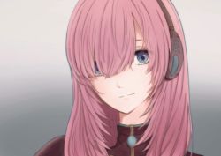 Rule 34 | 1girl, black shirt, blue eyes, commentary, grey background, hair between eyes, hair over one eye, headphones, highres, light smile, long hair, looking at viewer, megurine luka, moa0291, pink hair, portrait, shirt, solo, vocaloid