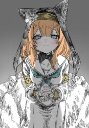 Rule 34 | @ @, animal ears, armband, black hat, blue archive, cat ears, hair between eyes, hat, highres, kneeling, long skirt, mari (blue archive), matto, nun, orange hair, own hands together, praying, sailor collar, skirt, sweatdrop, tears, yellow armband