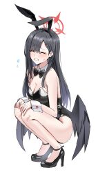 Rule 34 | 1girl, animal ears, black hair, black wings, blue archive, blush, bow, bowtie, breasts, cleavage, detached collar, hair ornament, hairclip, halo, high heels, highres, horn/wood, ichika (blue archive), leotard, long hair, low wings, medium breasts, playboy bunny, rabbit ears, simple background, squatting, white background, wings, wrist cuffs