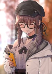 Rule 34 | 1girl, black-framed eyewear, black bow, black bowtie, black choker, black hat, black ribbon, blurry, blurry background, blush, bow, bowtie, brown hair, cellphone, choker, closed eyes, coat, depth of field, drill hair, facing viewer, fingernails, glasses, grey shirt, hair ribbon, hat, heart pendant, highres, holding, holding phone, hololive, mikan (chipstar182), nail polish, natsuiro matsuri, natsuiro matsuri (casual), off shoulder, open clothes, open coat, outdoors, parted lips, phone, pink nails, ribbon, shirt, smartphone, smile, solo, twin drills, twintails, upper body, virtual youtuber, white coat