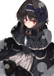 Rule 34 | 1girl, absurdres, arms at sides, black capelet, black pantyhose, black shirt, blue bow, blue hairband, blush, bow, brown hair, capelet, character request, closed mouth, copyright request, frilled capelet, frilled hairband, frills, from above, frown, full body, hair between eyes, hair bow, hair intakes, hairband, highres, long sleeves, looking at viewer, medium hair, nodoameyatou, pantyhose, pleated skirt, red eyes, shirt, sidelocks, simple background, skirt, solo, white background, white shirt