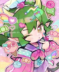 Rule 34 | 1girl, candy, doradorakingyo, draco centauros, dragon tail, green hair, green wings, hair ornament, hairclip, highres, ice cream cone, jacket, jewelry, looking at viewer, nail polish, neckerchief, one eye closed, pink jacket, pink neckerchief, pixels, pointy ears, purple skirt, puyopuyo quest, ring, short hair, skirt, solo, tail, wings, wrapped candy