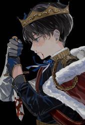Rule 34 | black background, blood, blood on face, bloody weapon, blue eyes, commentary, crown, dagger, english commentary, from side, gloves, highres, holding, holding dagger, holding knife, holding weapon, knife, long sleeves, looking to the side, original, ponn mame, royal robe, short hair, simple background, weapon