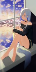 Rule 34 | 1girl, absurdly long hair, bare legs, bare shoulders, black choker, black sweater, blue hair, breasts, brynhildr (fate), choker, closed mouth, cloud, collarbone, fate/prototype, fate/prototype: fragments of blue and silver, fate (series), fingernails, full body, highres, lake, light blue hair, long hair, long sleeves, looking at viewer, medium breasts, mountain, multicolored sky, purple eyes, reflection, ribbon, silver hair, sitting, sky, smile, snow, solo, star (sky), strapless, suguru (a129214673), sweater, thighs, very long hair, water, window, windowsill, yellow ribbon