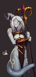 Rule 34 | 1girl, breasts, brown background, brown dress, clothing cutout, colored sclera, colored skin, distr, draenei, dress, grey skin, highres, holding, holding staff, horns, large breasts, looking at viewer, pelvic curtain, prehensile tail, priest (warcraft), revealing clothes, segmented horns, signature, simple background, smile, solo, staff, tail, underboob, underboob cutout, vambraces, warcraft, white hair, world of warcraft, yellow eyes, yellow sclera