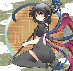 Rule 34 | 1girl, ass, asymmetrical wings, back, backless dress, backless outfit, black dress, black hair, blush, bow, bowtie, dress, feet, from behind, hammer (sunset beach), highres, houjuu nue, looking back, pointy ears, polearm, red eyes, scarf, short dress, sitting, smile, snake, soles, solo, thick thighs, thighhighs, thighs, touhou, trident, wariza, weapon, wings, zettai ryouiki