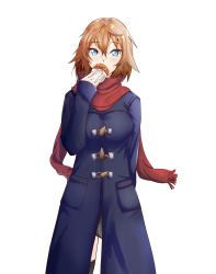 Rule 34 | 1girl, absurdres, alternate costume, arm behind back, blonde hair, blue eyes, covering own mouth, food request, hair between eyes, highres, light blush, looking at viewer, philia (sao), red scarf, scarf, segina04, solo, sword art online, white background, winter, winter clothes
