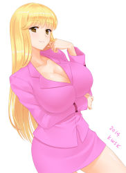 Rule 34 | 10s, 1girl, 2014, akimoto katherine reiko, artist name, bad id, bad pixiv id, blonde hair, blush, breast hold, breasts, cleavage, collarbone, contrapposto, cowboy shot, formal, kochikame, kwsk, large breasts, long hair, long sleeves, looking at viewer, miniskirt, office lady, pencil skirt, pink skirt, pink suit, shiny skin, simple background, skirt, skirt set, skirt suit, smile, solo, standing, suit, thighs, white background, yellow eyes