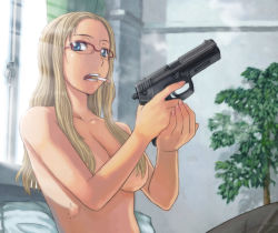Rule 34 | 1girl, blonde hair, blue eyes, breasts, censored, cigarette, cocked hammer, convenient censoring, glasses, gun, h&amp;k usp, hair over breasts, handgun, heckler &amp; koch, holding, holding gun, holding weapon, itou (onsoku tassha), light rays, long hair, medium breasts, mouth hold, open mouth, original, pants, pistol, red-framed eyewear, scar, semi-rimless eyewear, smoke, smoking, smoking gun, solo, sunbeam, sunlight, topless, trigger discipline, upper body, weapon
